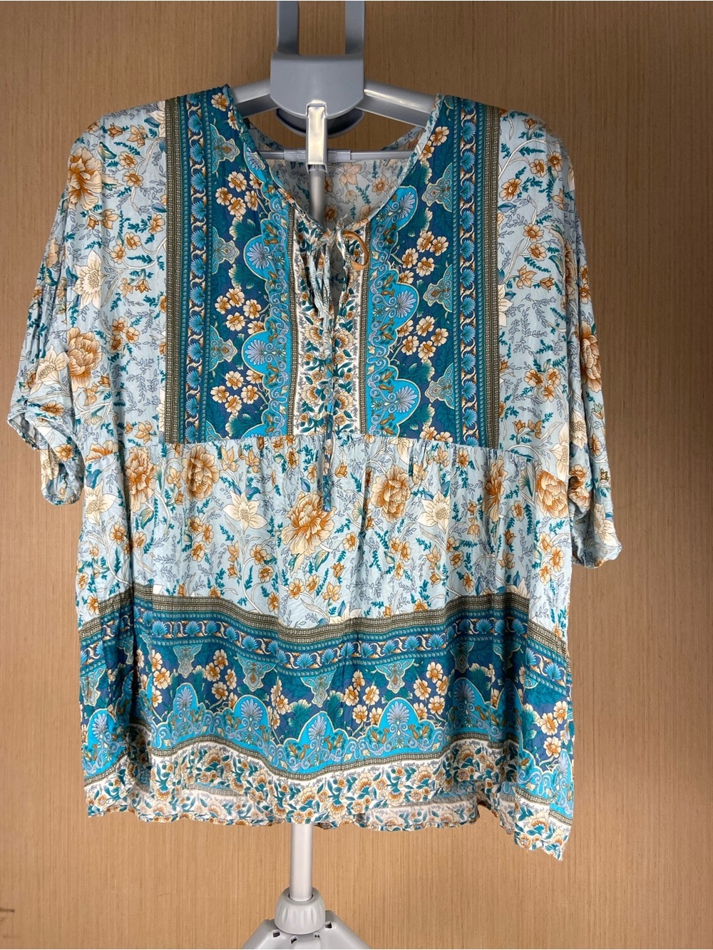 SHEIN Curve 2XL Blue Floral Boho Babydoll Peasant Blouse